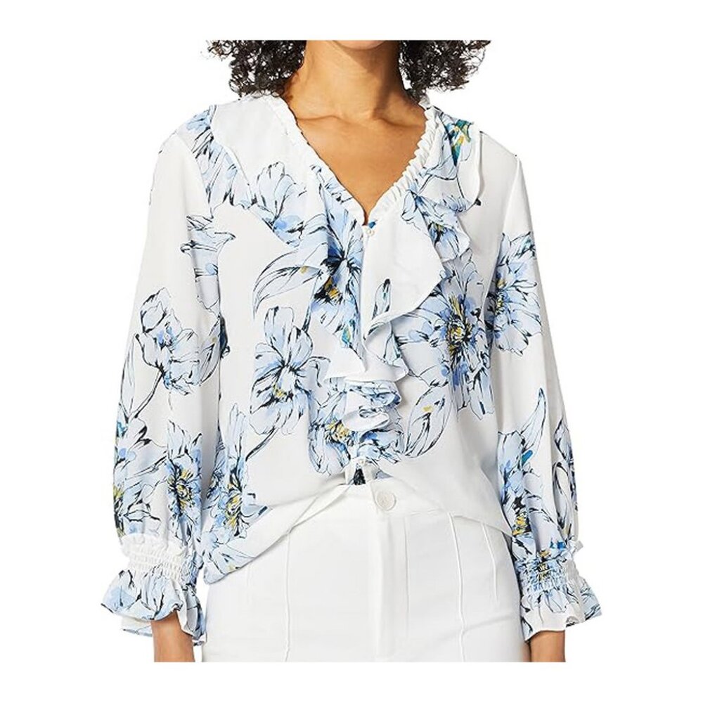 NWT Karl Lagerfeld Paris Women's Printed Ruffle Front Blouse, White Multi, M
